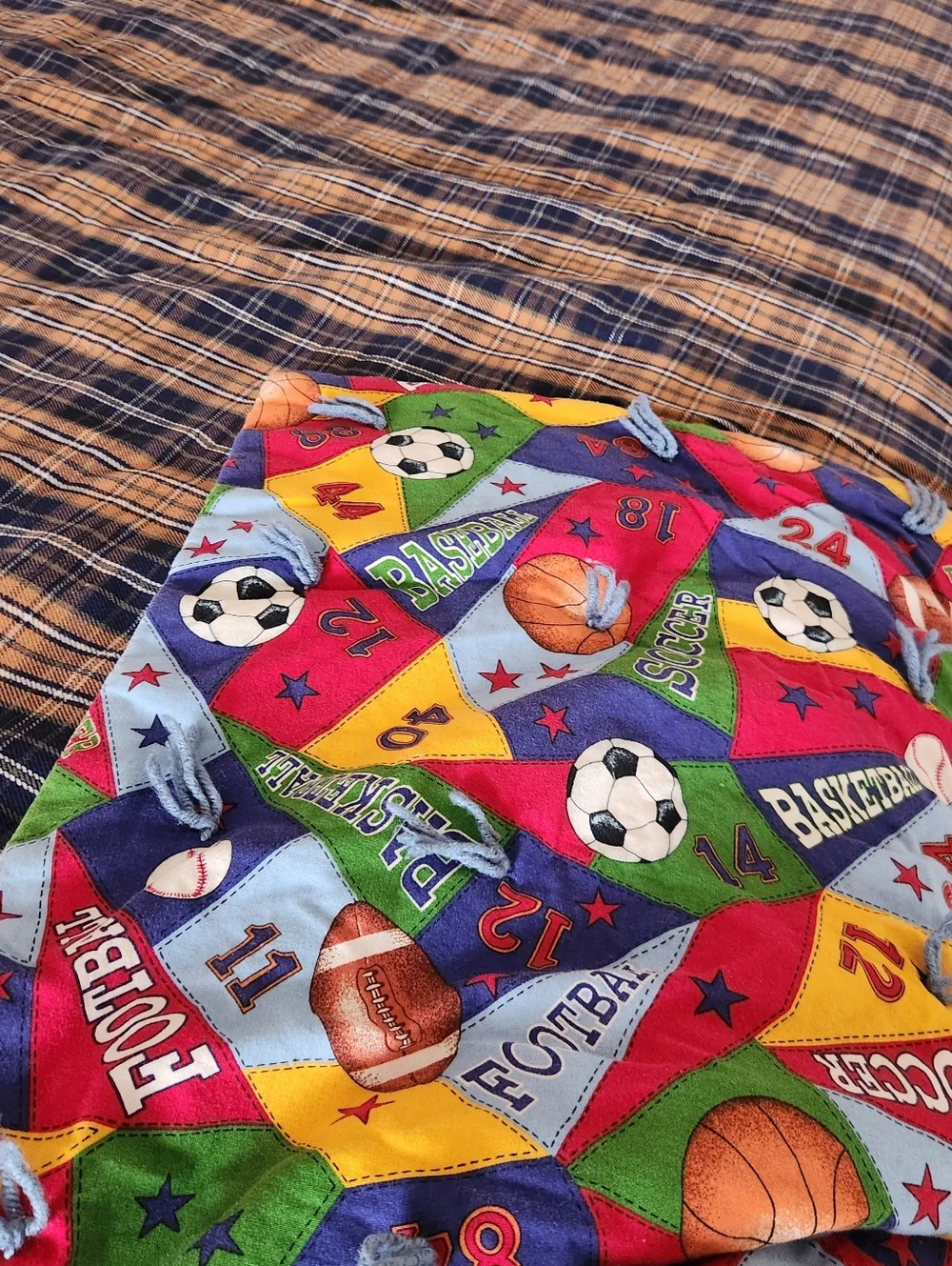HANDMADE Quilt Twin Sports Football Soccer Boys Cotton Plaid Flannel Back Tied